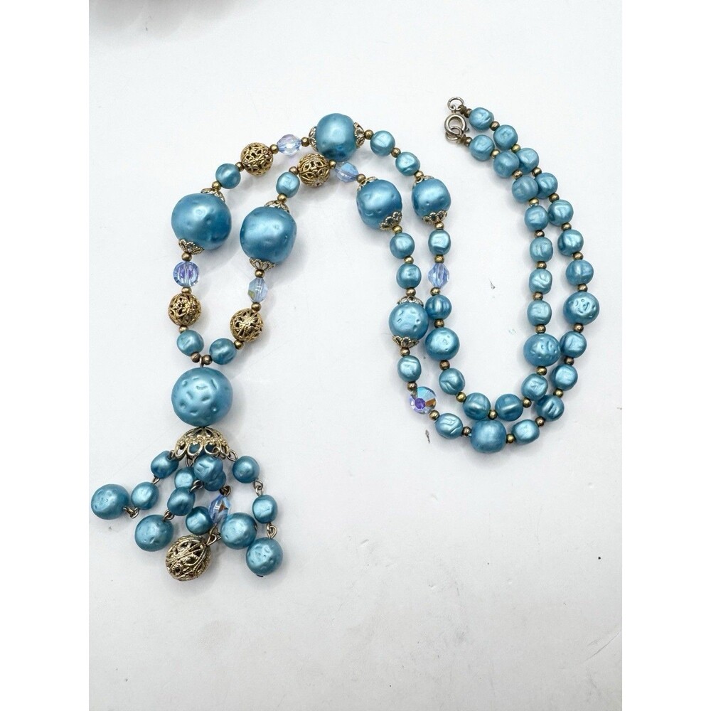 Vintage Chunky Blue Faux Pearl Tassel Necklace Filigree Iridescent Crystal Beads